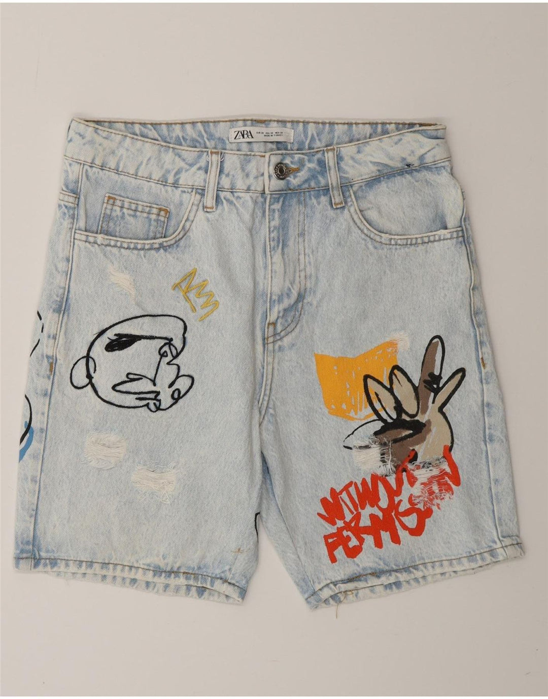 ZARA Distressed grafiske denimshorts til mænd EU 38 Small W30 Blue Cotton