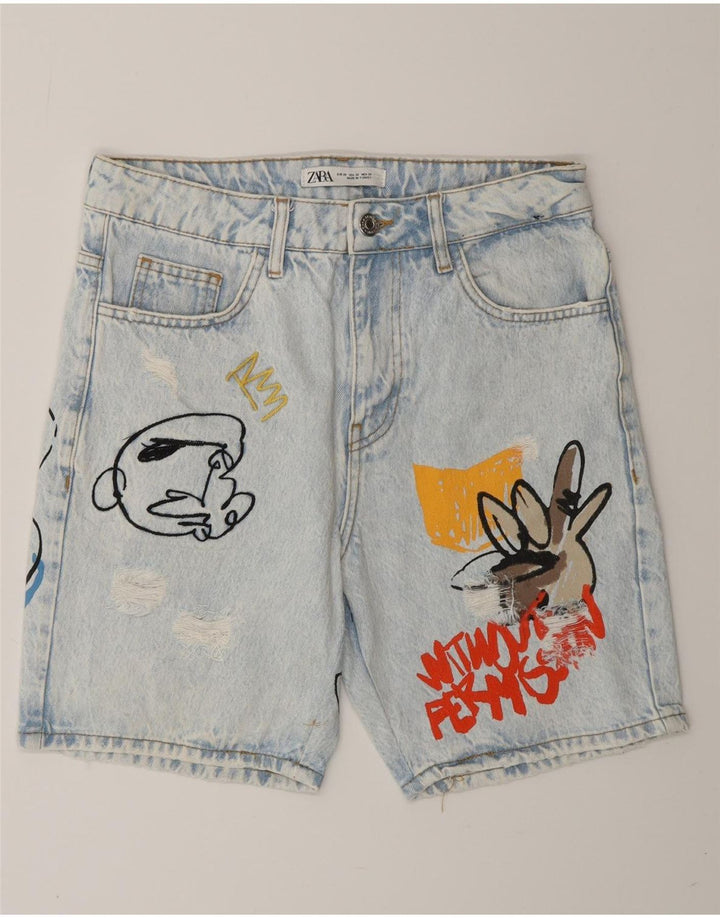 ZARA Distressed grafiske denimshorts til mænd EU 38 Small W30 Blue Cotton