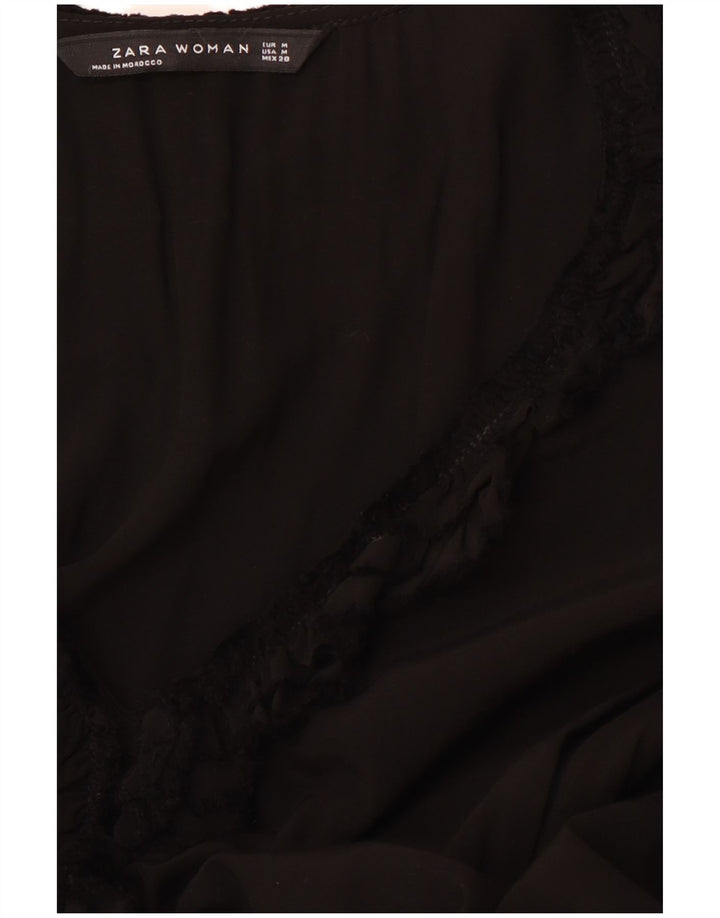 ZARA Dame Flæse Forreste Langærmet A-Line Kjole UK 12 Medium Sort