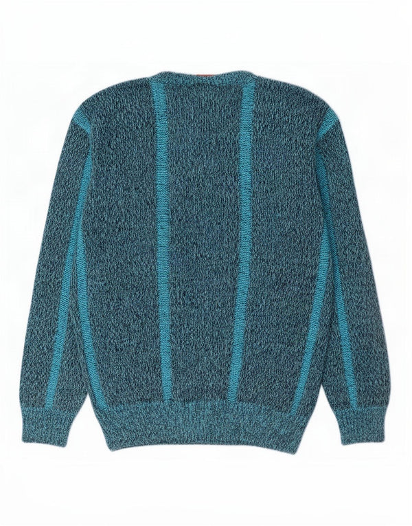 Vintage Dame Boat Neck Jumper Sweater UK 14 Medium Blue Geometric Acryl