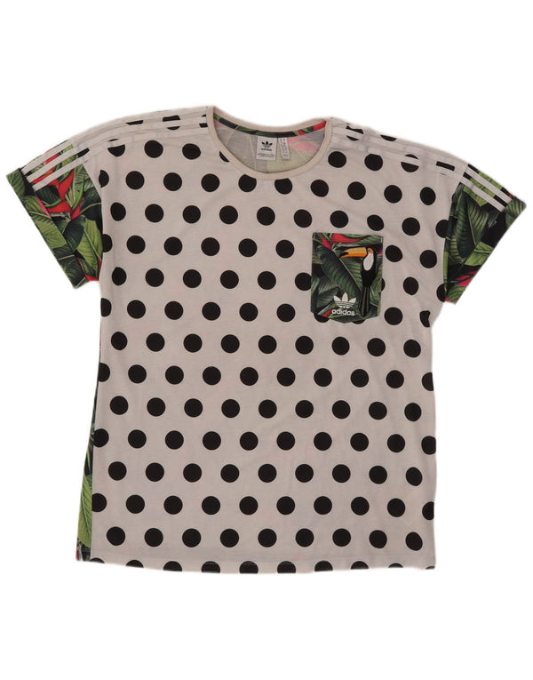 Adidas Dame Oversized grafisk T-shirt Top UK 10 Small White Polka Dot