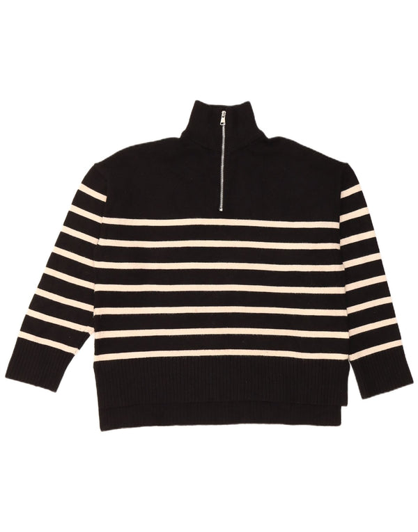Zara Dame Zip Neck Jumper Sweater UK 14 Medium Sort Stribet Viscose