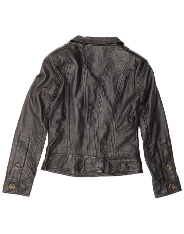 Promod Dame Læder Biker Jacket UK 8 Lille Sort