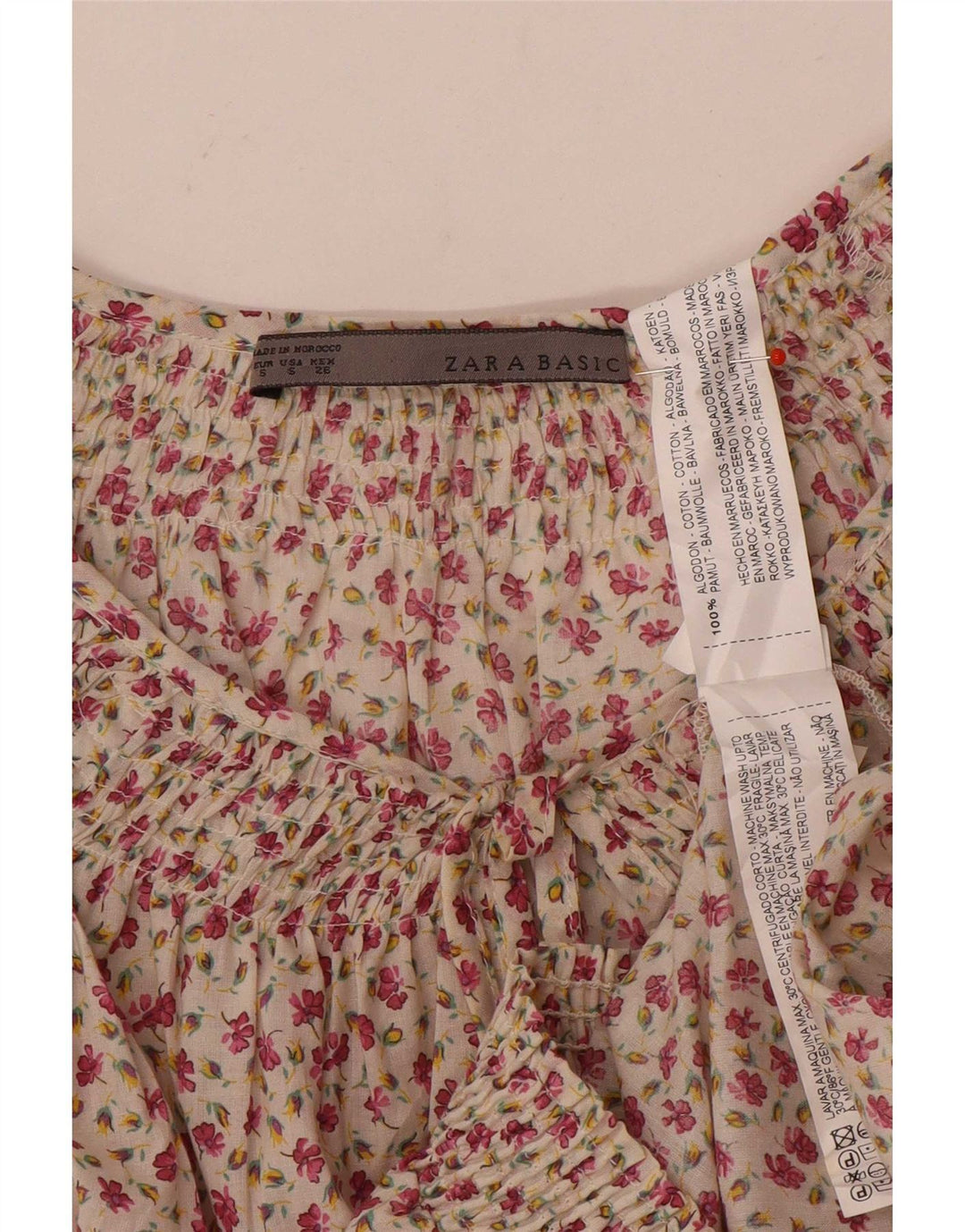Zara Dame Bluse Top UK 10 Small White Floral Bomuld