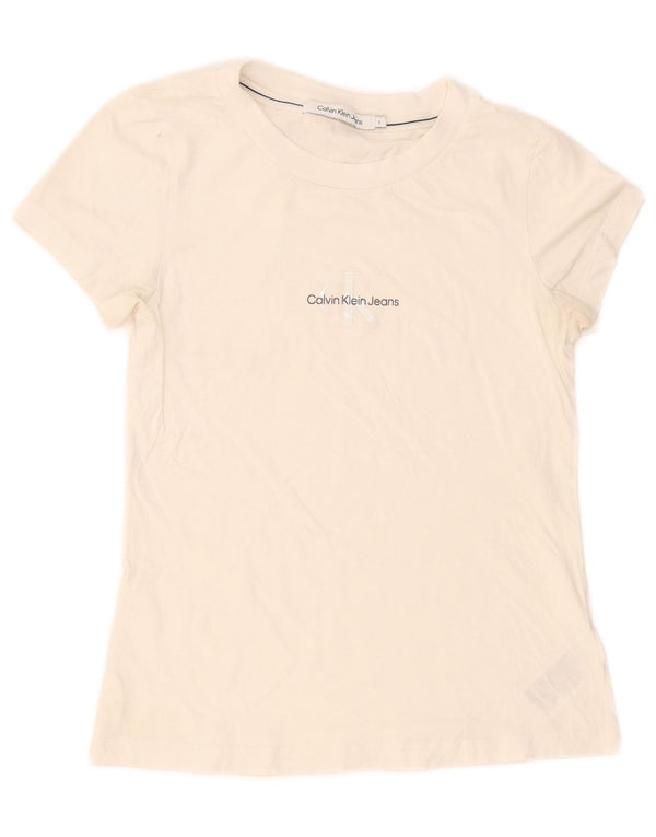 Calvin Klein Jeans Dame Grafisk T-Shirt Top UK 10 Small White Bomuld