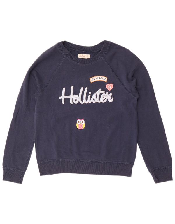 Hollister Dame grafisk sweatshirt Jumper UK 10 Lille marineblå bomuld