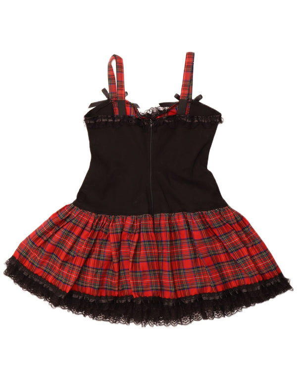 VINTAGE Dame Ærmeløs A-Line Kjole UK 16 Stor rød ternet bomuld