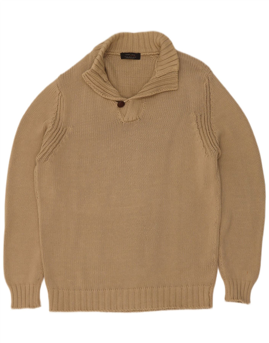 Zara Herre Button Neck Jumper Sweater XL Beige Bomuld
