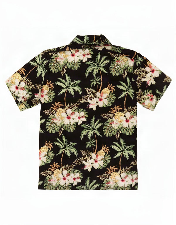 Vintage Kortærmet Herreskjorte Medium Sort Floral Viscose Hawaiian