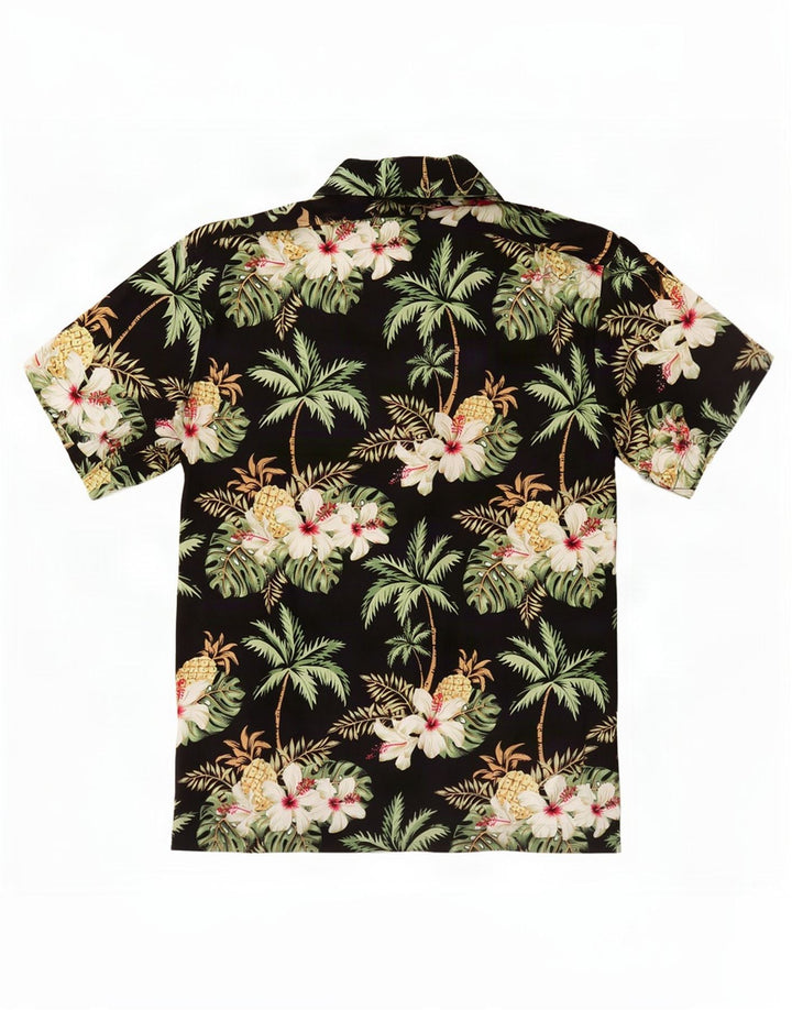 Vintage Kortærmet Herreskjorte Medium Sort Floral Viscose Hawaiian