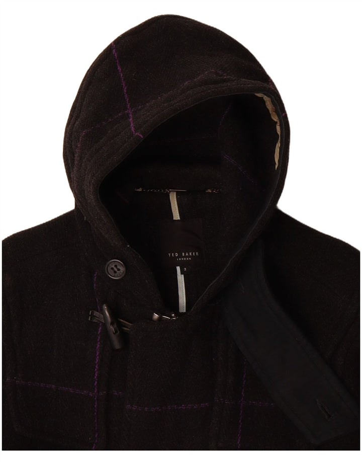 TED BAKER Womens Loose Fit Hooded Duffle Coat Size 3 Medium Black Check