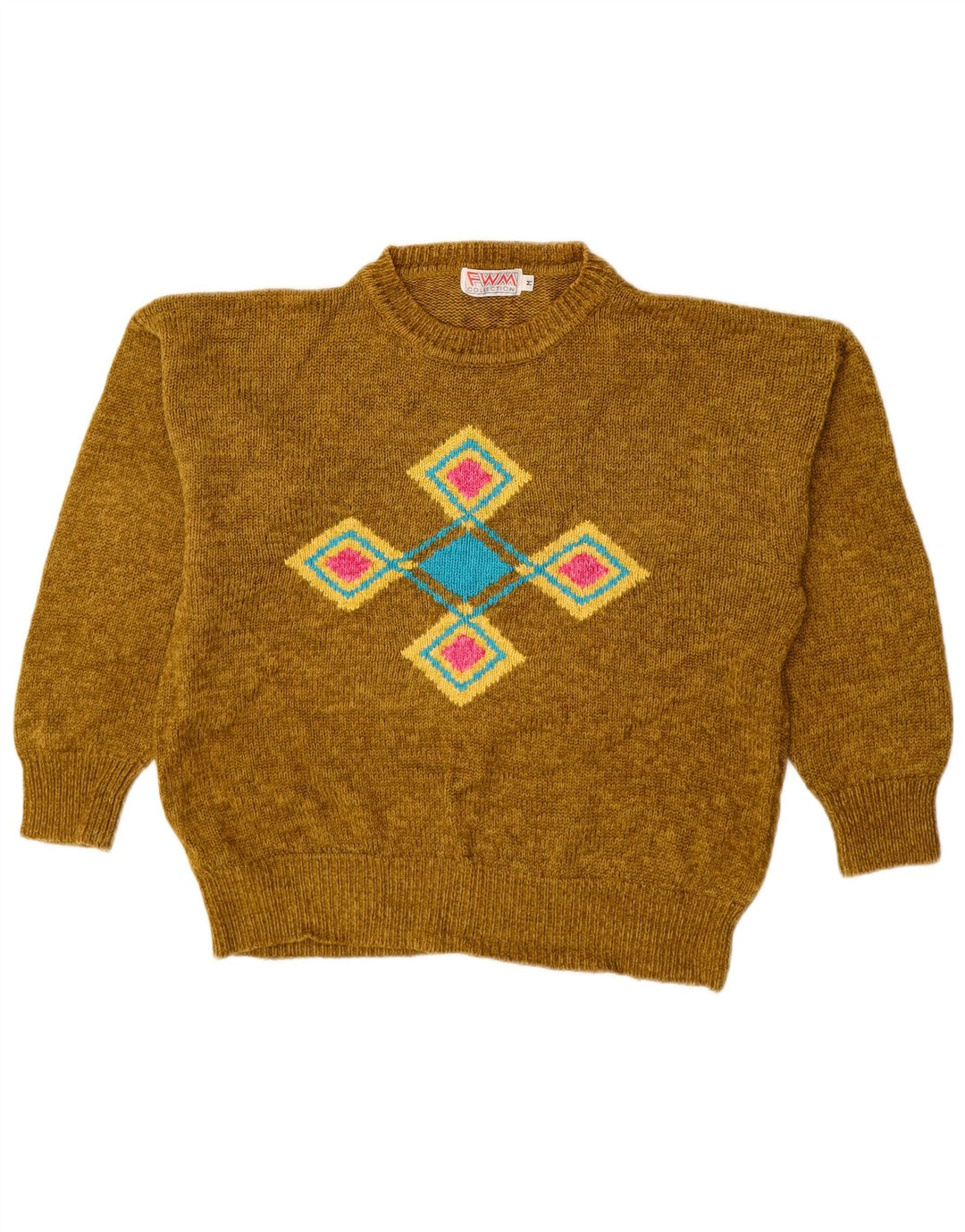 VINTAGE Dame sweater med rund hals, UK 14 Medium Khaki Argyle/Diamond