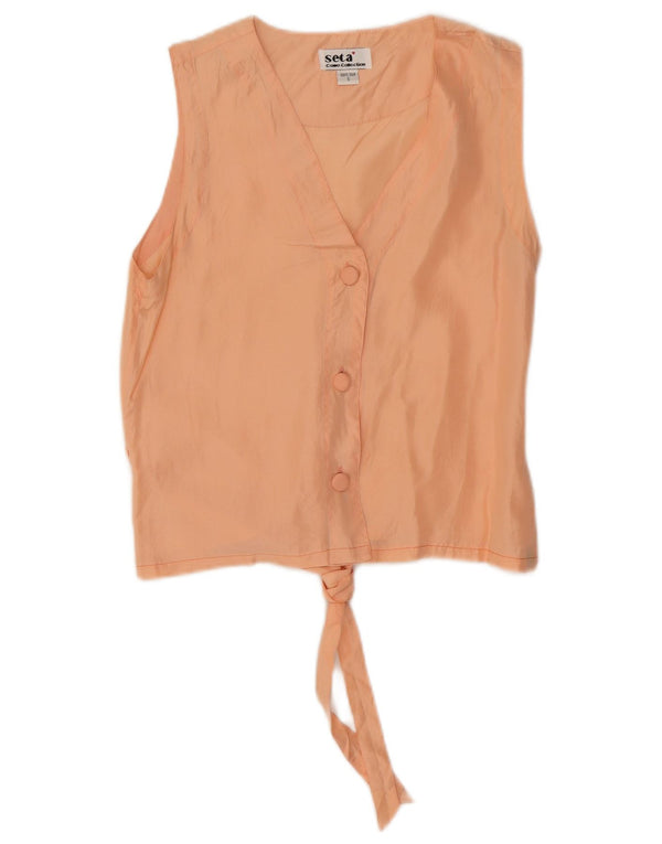 Vintage Womens Crop ærmeløs skjortebluse UK 10 Small Pink Silk