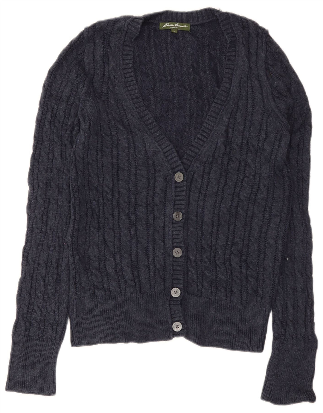 Eddie Bauer Dame Cardigan Sweater UK 12 Medium Navy Blue Bomuld