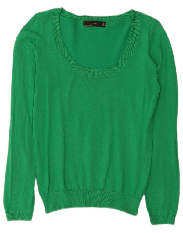 Zara Dame Boat Neck Jumper Sweater UK 12 Medium Green Bomuld