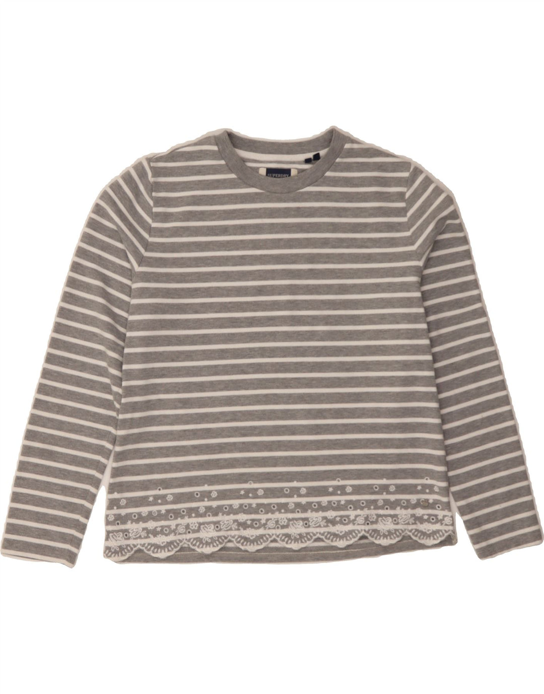 SUPERDRY Womens Crew Neck Jumper Sweater UK 14 Medium Grey Striped Vintage Superdry and Second-Hand Superdry from Messina Hembry 