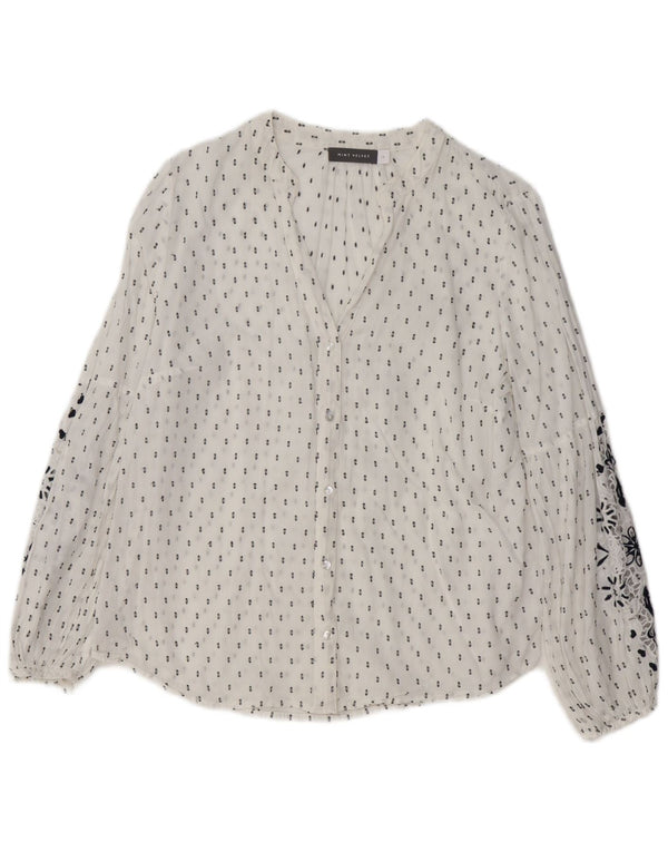 MINT FLØJEL Dame grafisk skjorte bluse UK 14 Stor hvid blomstret bomuld