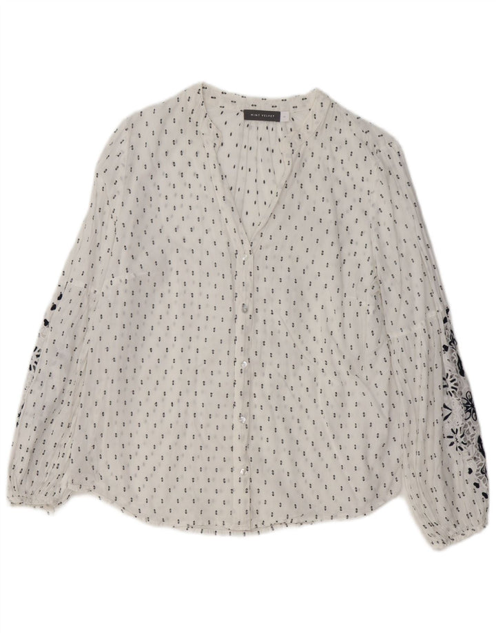 MINT FLØJEL Dame grafisk skjorte bluse UK 14 Stor hvid blomstret bomuld