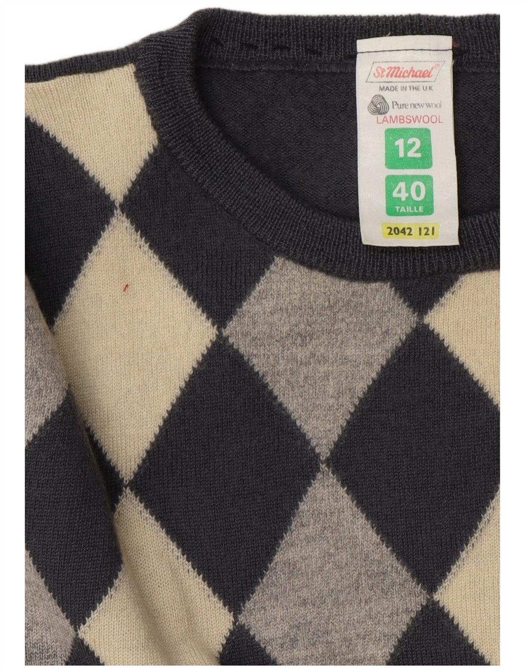 St Michael Dame Boat Neck Jumper Sweater UK 12 Medium Grey Argyle/Diamond