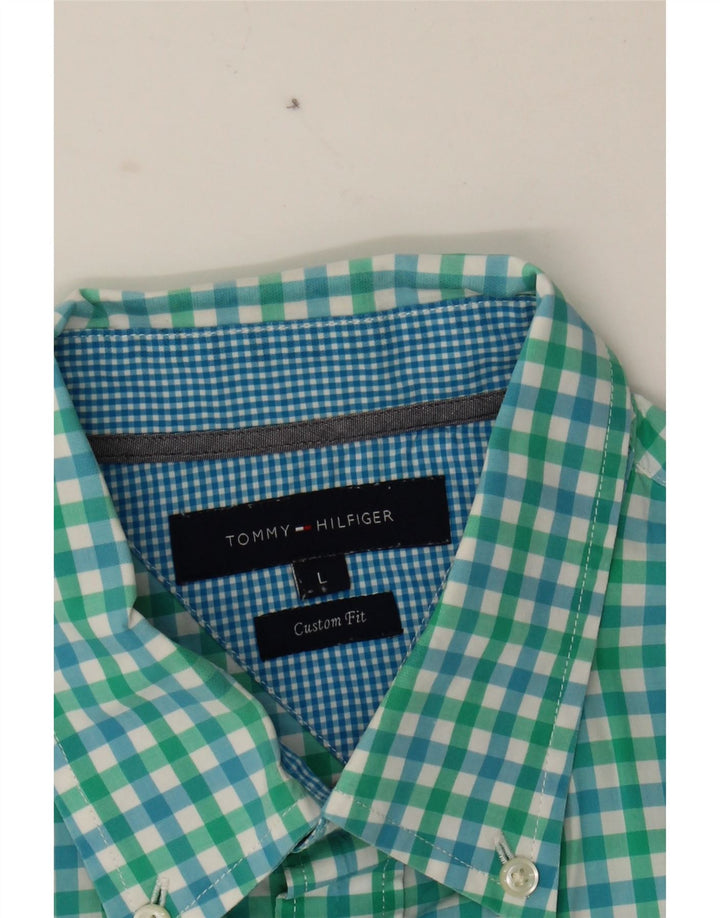 TOMMY HILFIGER Mens Custom Fit Short Sleeve Shirt Large Green Gingham