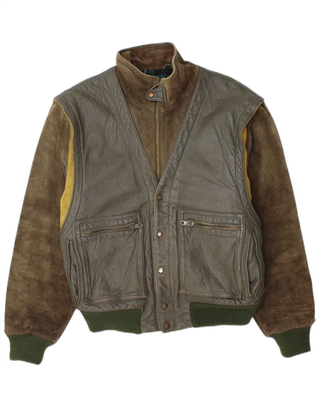 Belfe & Belfe Herre Bomber Læderjakke UK 38 Medium Khaki Colourblock
