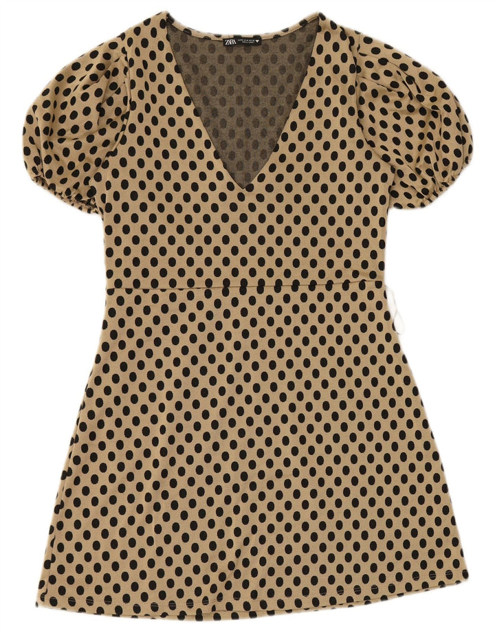 Zara Dame A-Line Kjole UK 12 Medium Beige Polka Dot