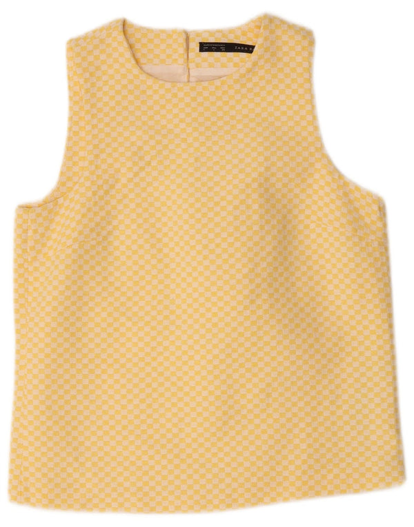 Zara Dame ærmeløs bluse Top UK 10 Lille gul geometrisk bomuld