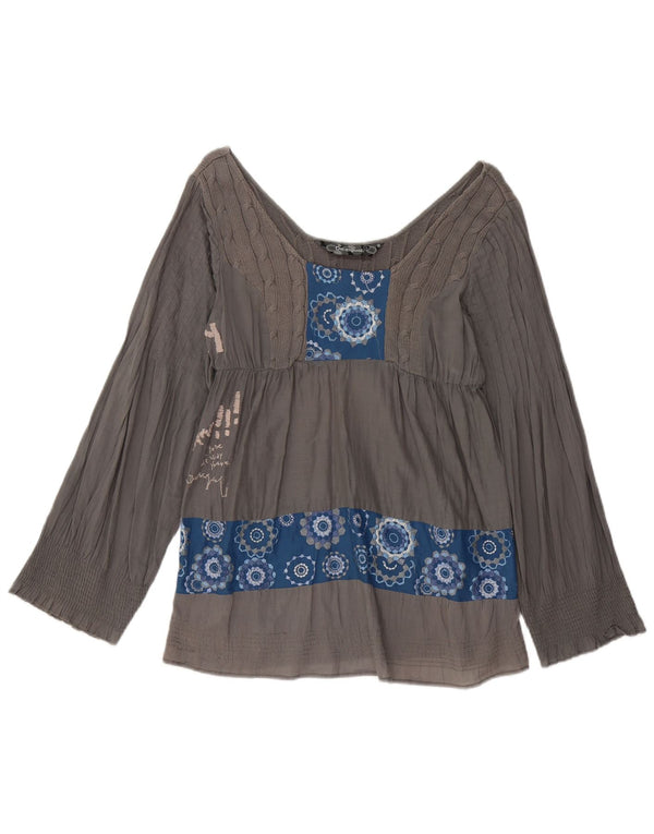 Desigual Dame Grafisk Langærmet Bluse Top UK 16 Stor Grå Geometrisk