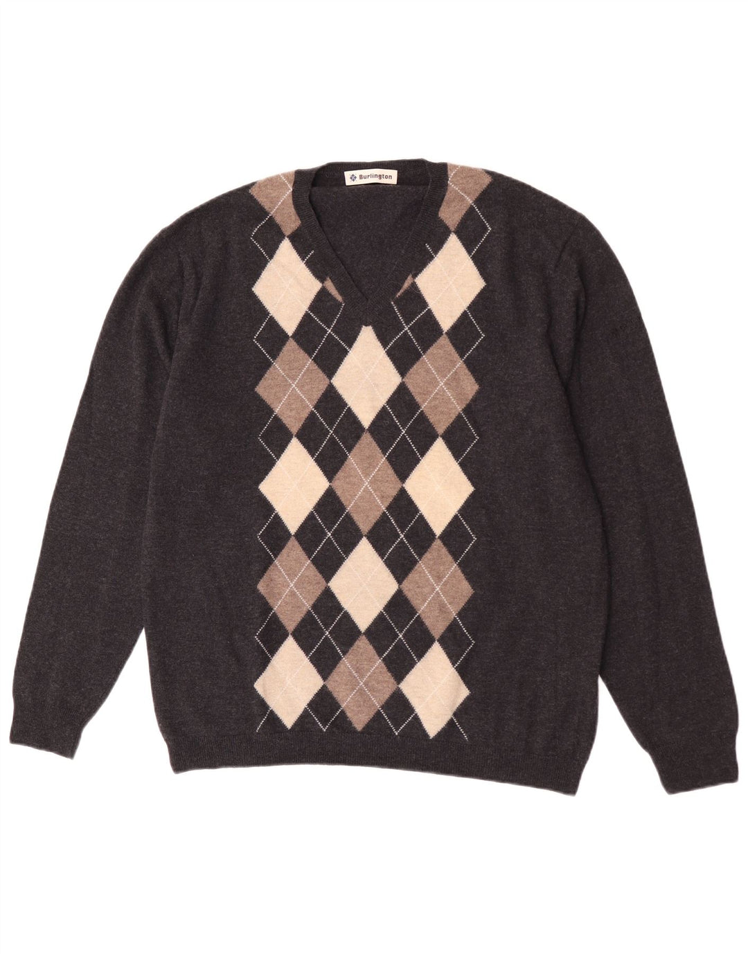 Burlington Herre V-hals sweater IT 52 Large Grey Argyle/Diamond