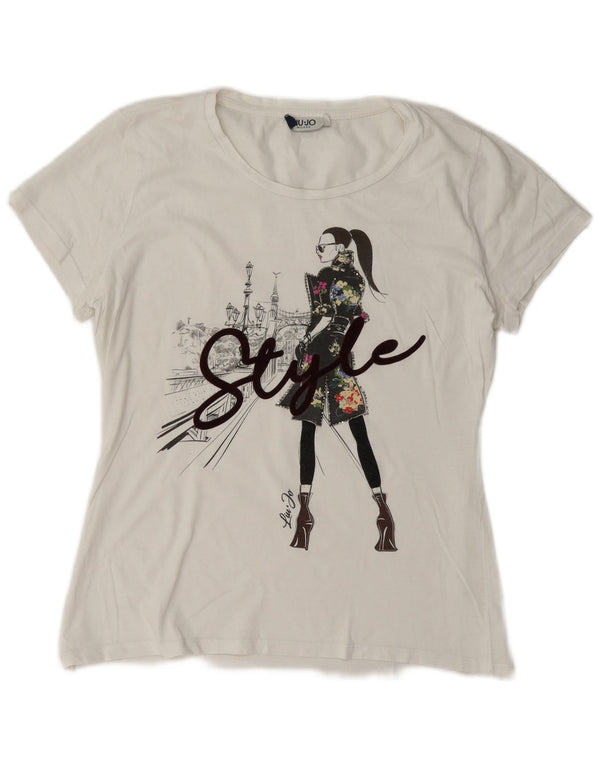 Liu Jo Dame Grafisk T-Shirt Top UK 16 Stor Hvid Bomuld