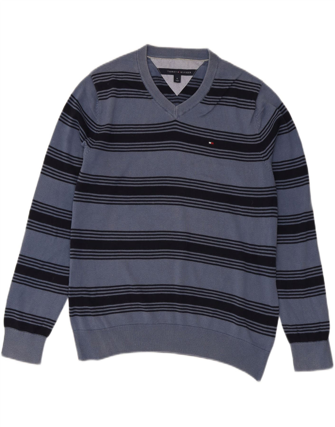 TOMMY HILFIGER Herre V-hals sweater mellemblå stribet bomuld