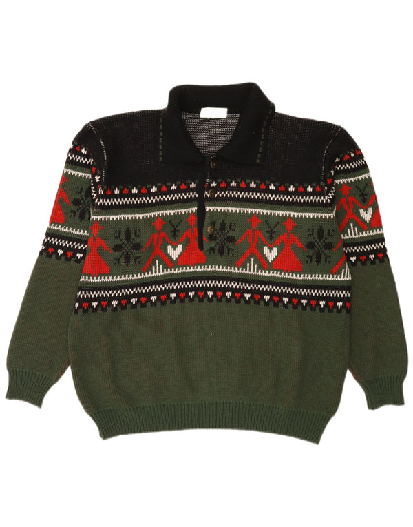 Vintage Herre Polo Neck Jumper Sweater Medium Khaki Fair Isle Akryl