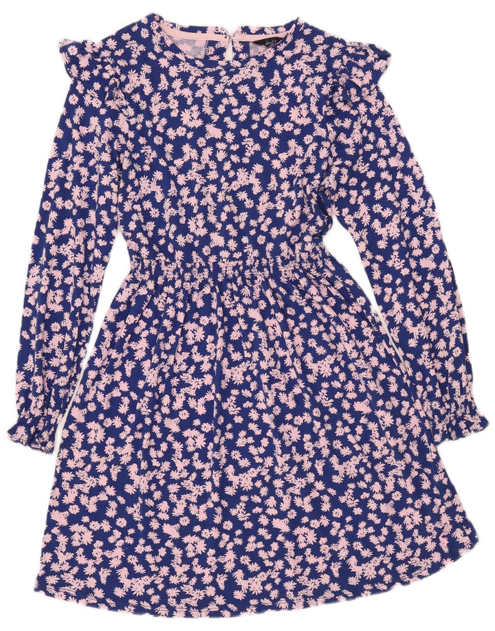 JOULES Dame Langærmet A-Line Kjole UK 12 Medium Blue Floral Bomuld