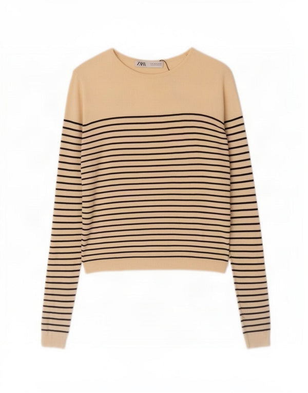 Zara Dame Boat Neck Jumper Sweater UK 10 Small Beige Stribet Viscose