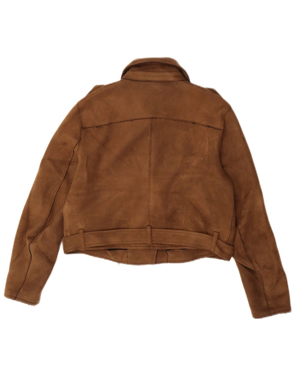 Zara Womens Crop Faux Ruskind Biker Jacket UK 14 Large Brown Polyester