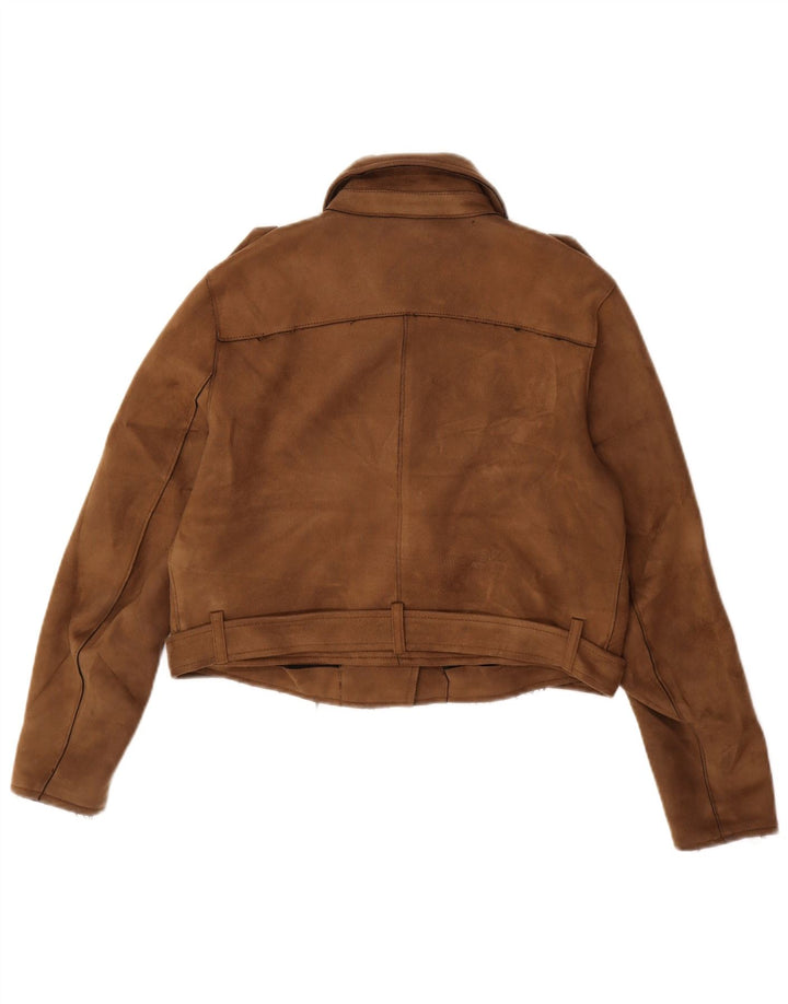Zara Womens Crop Faux Ruskind Biker Jacket UK 14 Large Brown Polyester