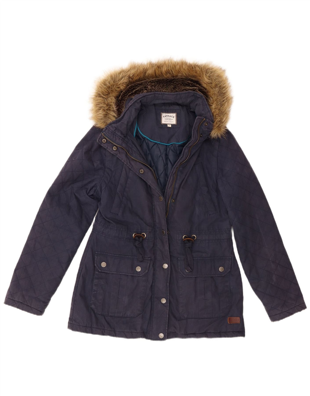 Fat Face Dame Hætte Quiltet Jakke UK 10 Small Navy Blue Cotton