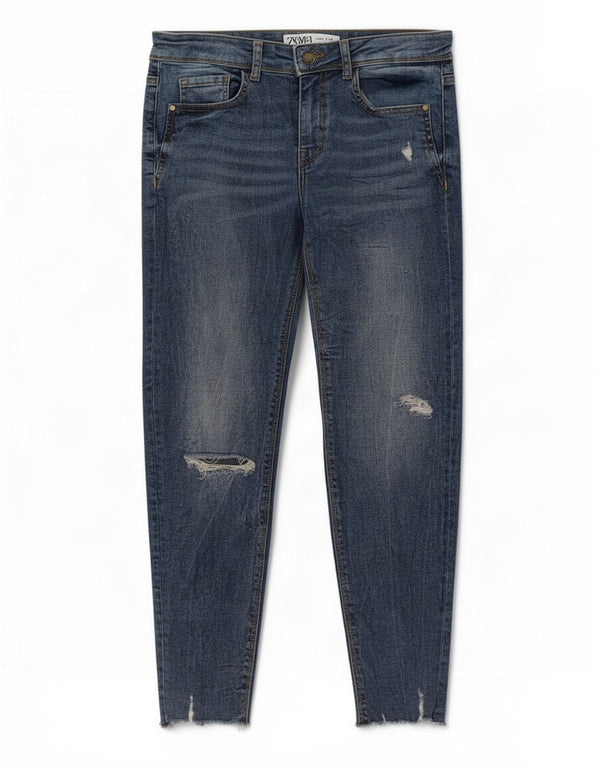 Zara Dame Distressed Skinny Jeans EU 38 Small W28 L27 Blå Bomuld