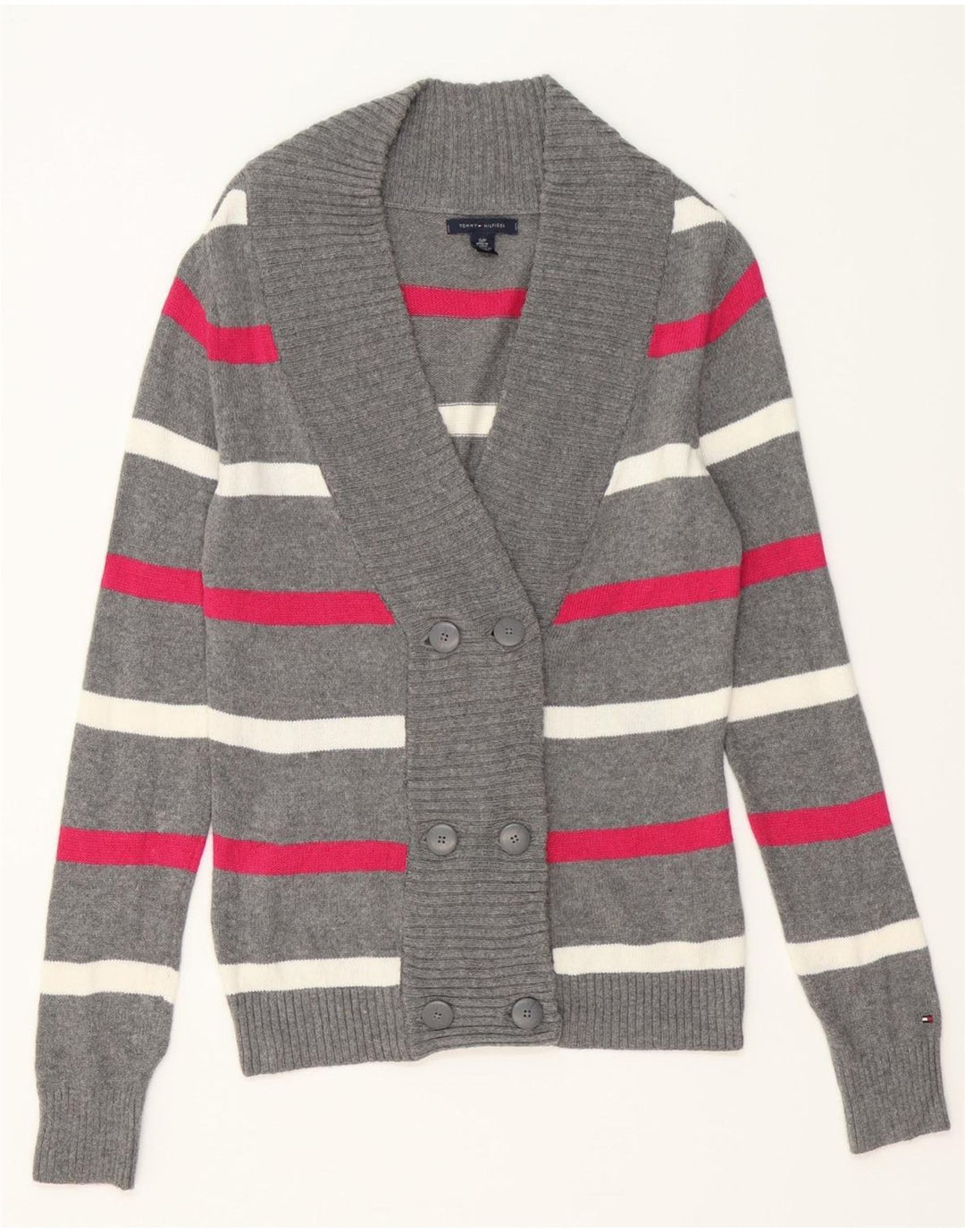 TOMMY HILFIGER Womens Cardigan Sweater UK 10 Small Grey Striped Vintage Tommy Hilfiger and Second-Hand Tommy Hilfiger from Messina Hembry 