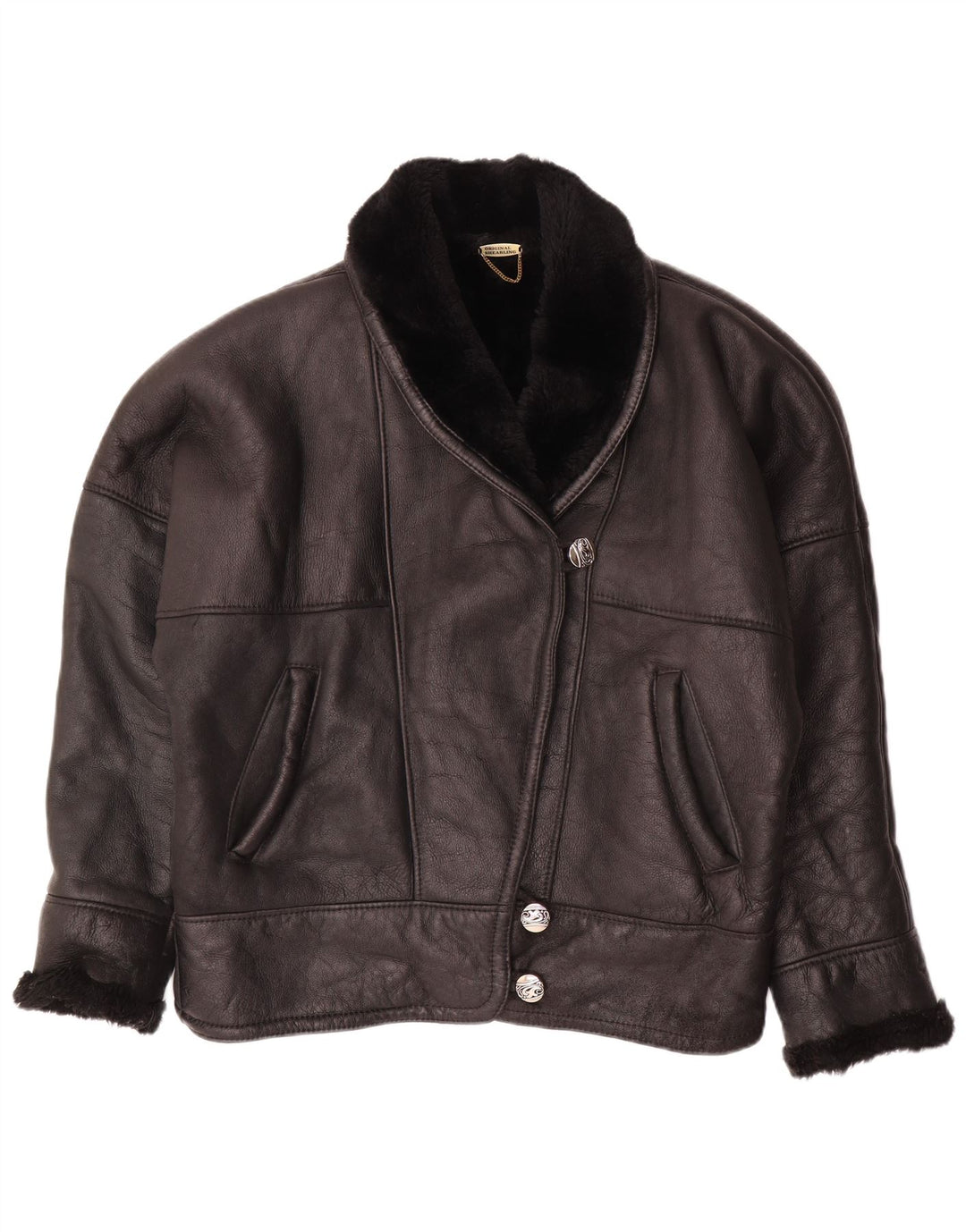 VINTAGE Dame Oversized Shearling Jacket UK 18 XL Sort Shearling