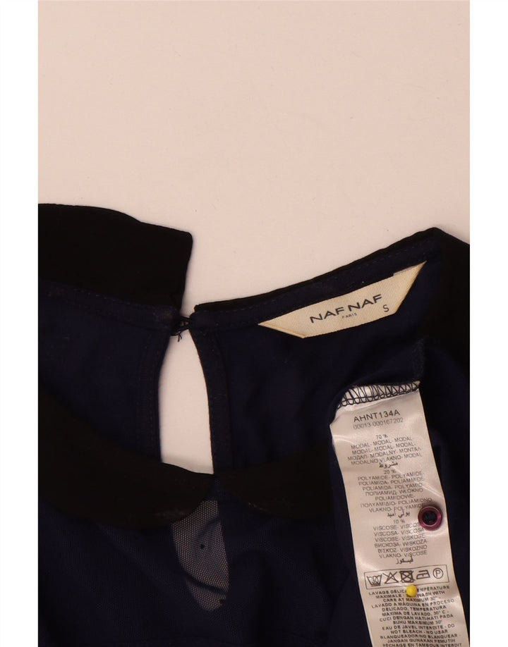 Naf Naf Dame Bluse Top UK 10 Small Navy Blue Colourblock Modal