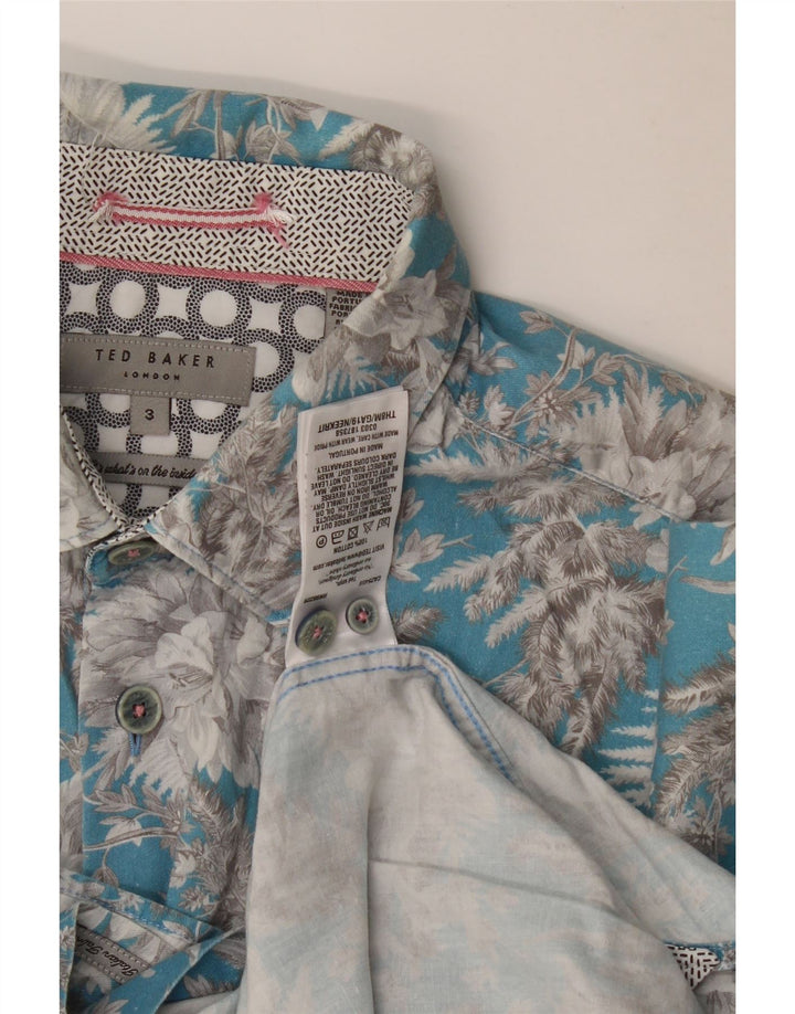 Ted Baker Herre kortærmet skjorte størrelse 3 Medium Blue Floral Cotton