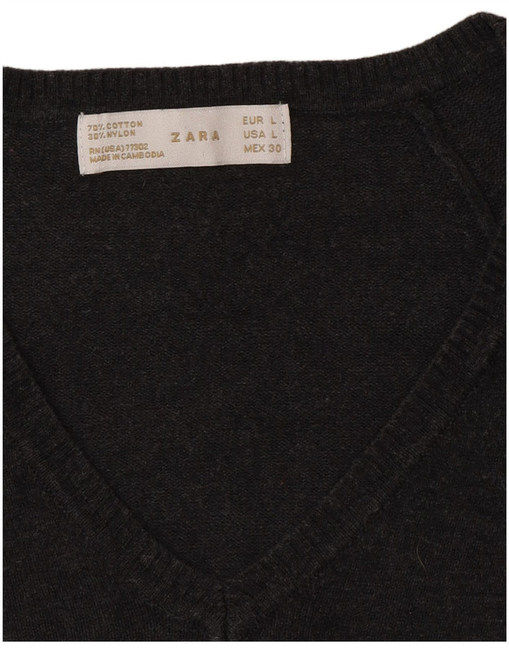 Zara Dame V-hals sweater UK 14 Stor Grå Bomuld