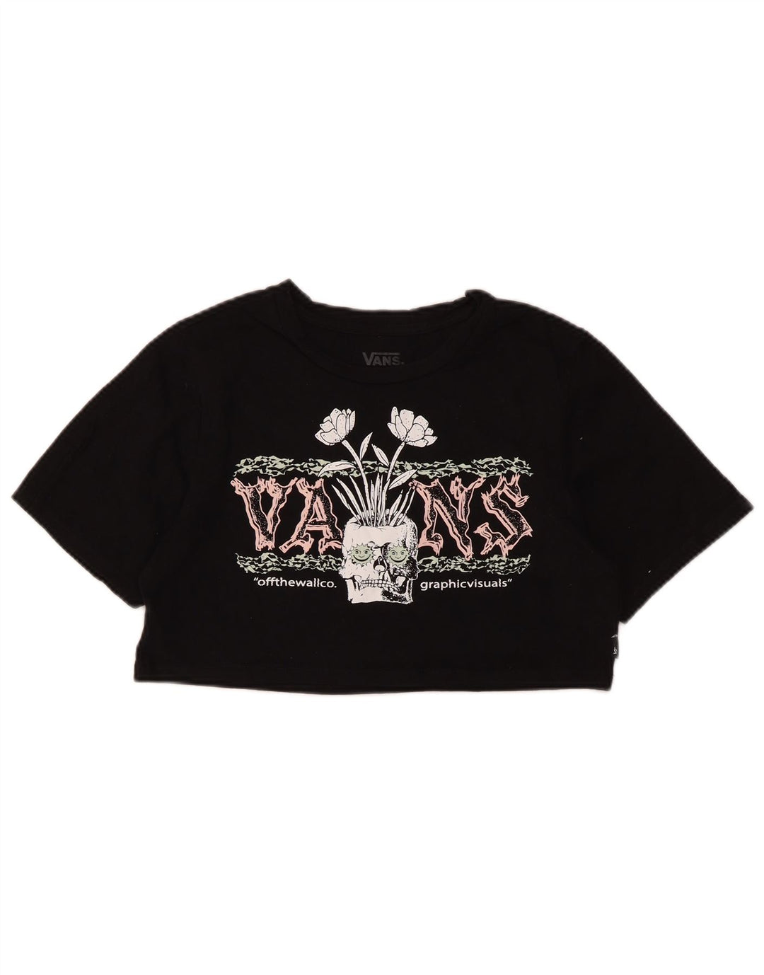 Vans Dame Crop Grafisk T-Shirt Top UK 12 Medium Sort Bomuld
