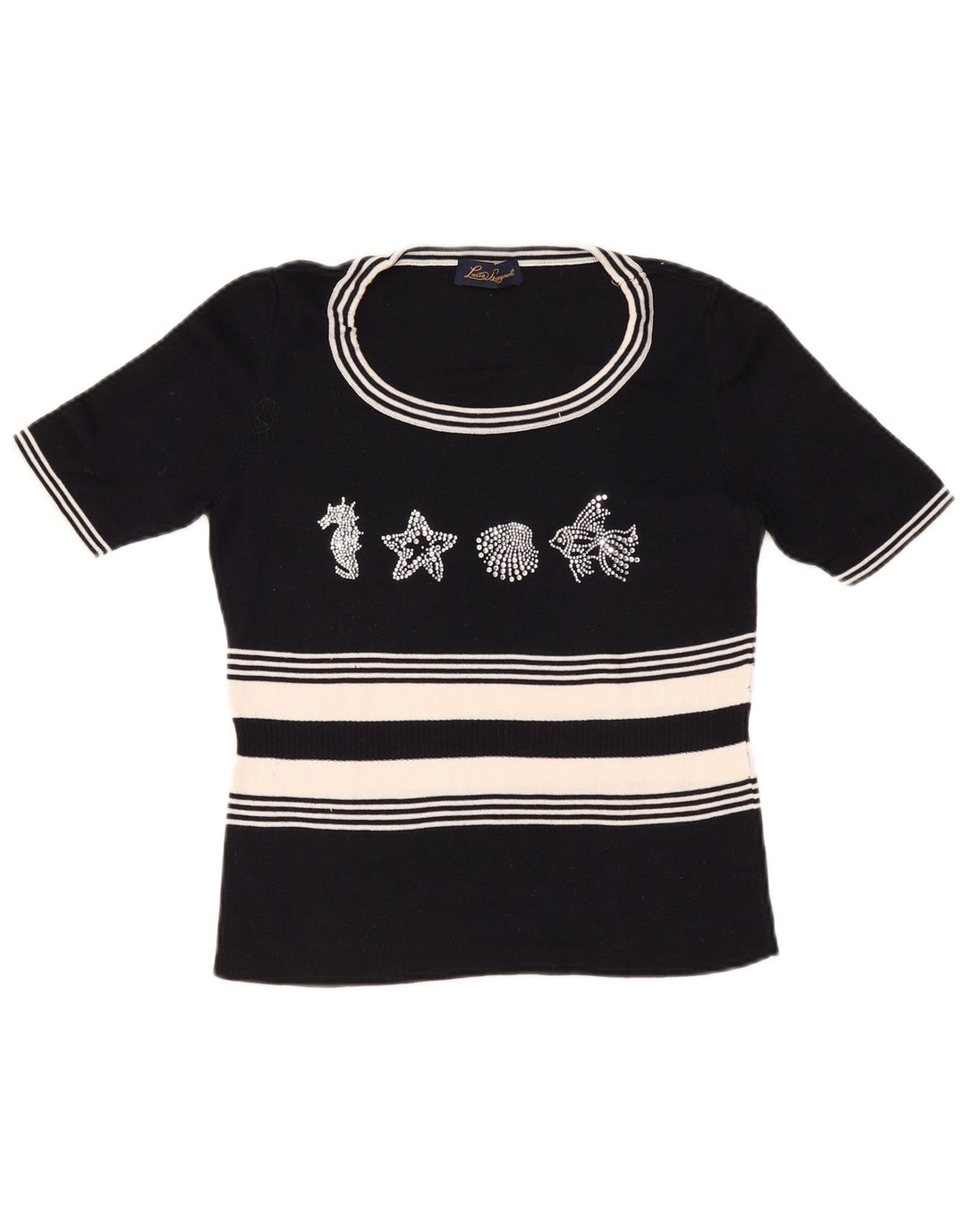 LUISA SPAGNOLI Dame Grafisk Boat Neck Jumper Sweater UK 14 Large Black