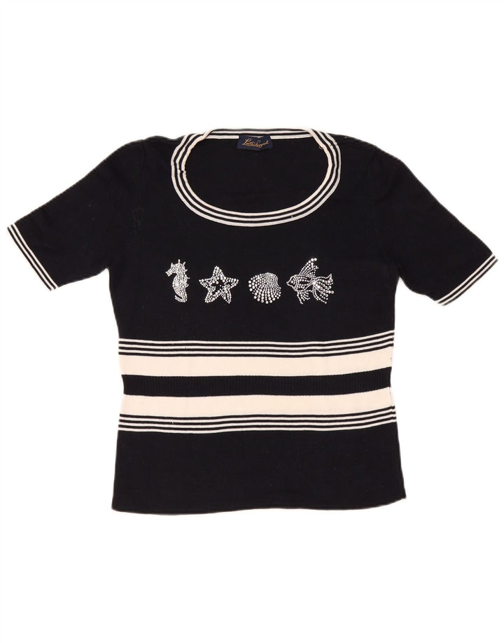 LUISA SPAGNOLI Dame Grafisk Boat Neck Jumper Sweater UK 14 Large Black