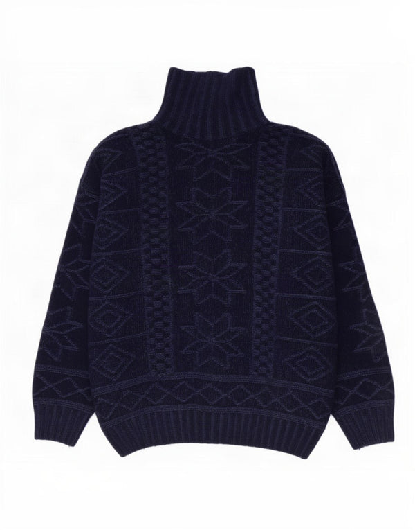 Vintage Mens Turtle Neck Jumper Sweater Medium Navy Blue Fair Isle Wool