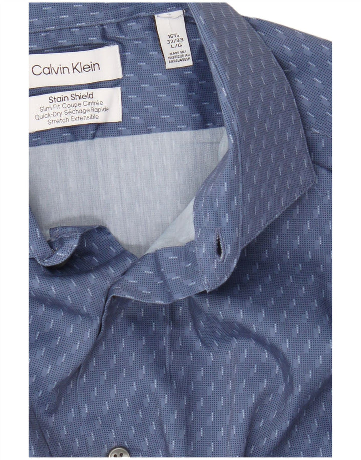 Calvin Klein Herre Slim Fit Skjorte Størrelse 16 1/2 Stor Blå Geometrisk Polyester