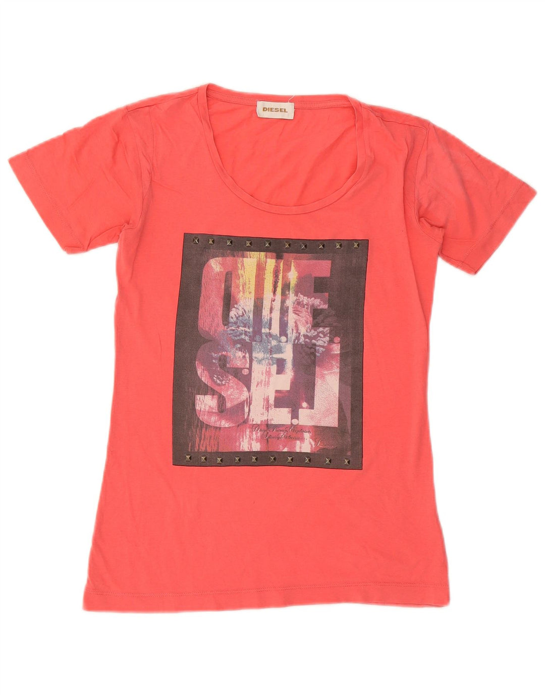 Diesel Dame Grafisk T-Shirt Top UK 12 Medium Orange