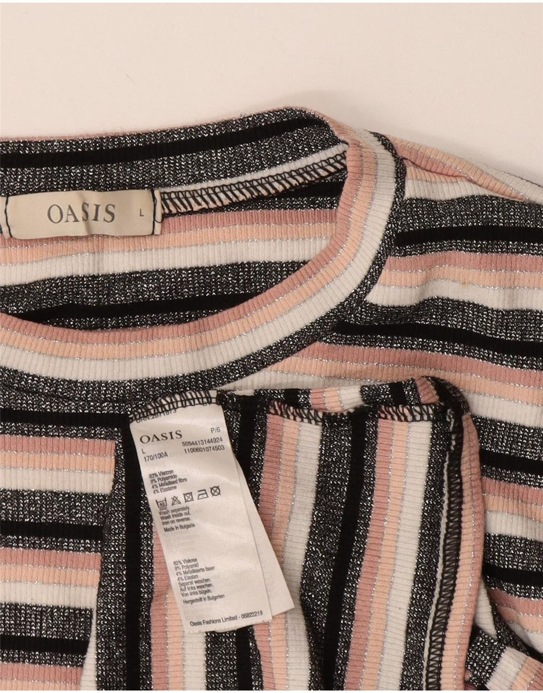 OASIS Womens Crop T-Shirt Top UK 14 Stor sort stribet viskose